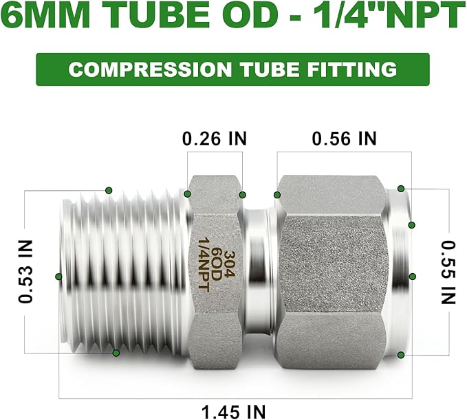 TAISHER 2PCS 304 Stainless Steel Compression Tube Pipe Fitting Connector, 6MM Tube OD x 1/4" NPT Male Straight Adapter