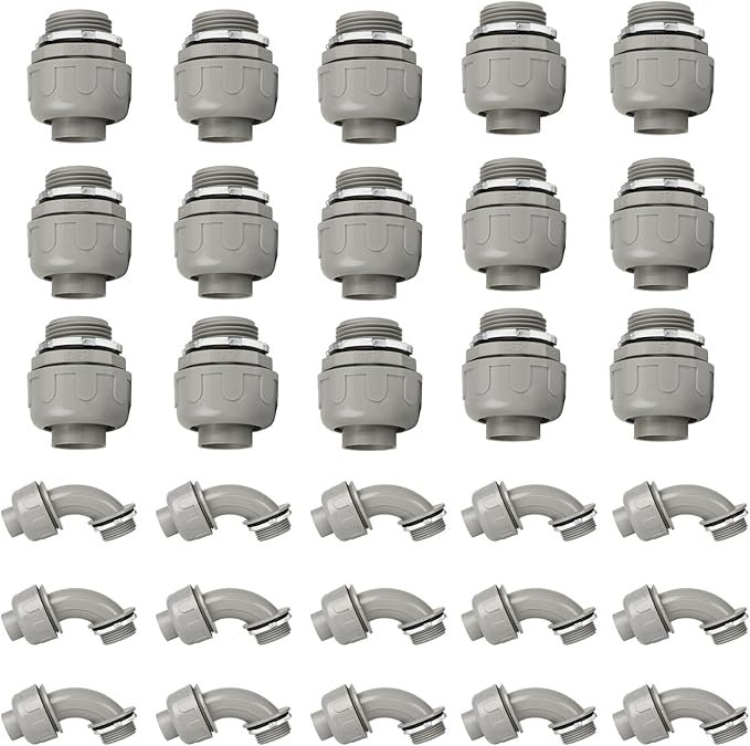 Conduit Connectors, 1 Inch Liquid Tight Connector NPT Non-Metallic for PVC Electrical Flexible Conduit Fittings, 15 Straight and 15 Angle 90 Degree, UL Listed, Grey (30-Pack)