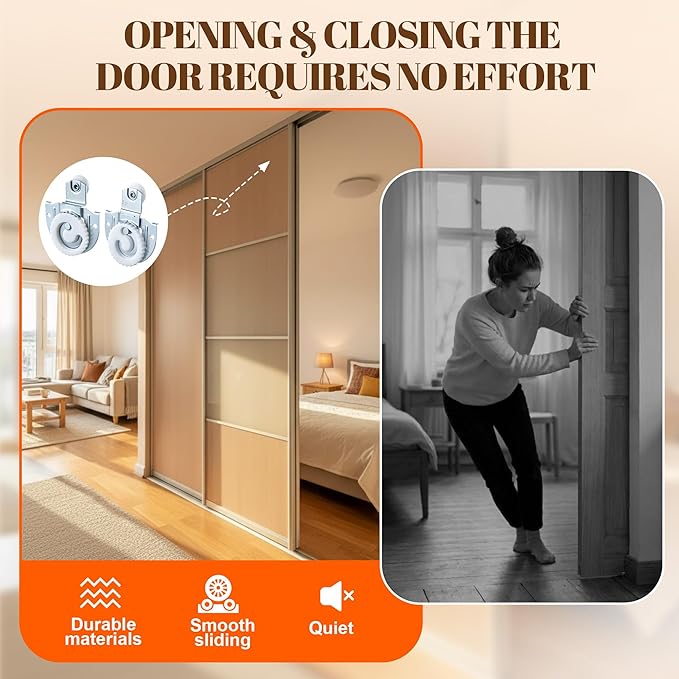 Feekoon 6 Pcs Sliding Closet Door Hardware Kit, Closet Door Rollers with Adjustable Floor Guide & Heightening Pads, Wardrobe Rollers Replacement for 3/4" to 1-3/8" Thick Top Hung(Semicircle)