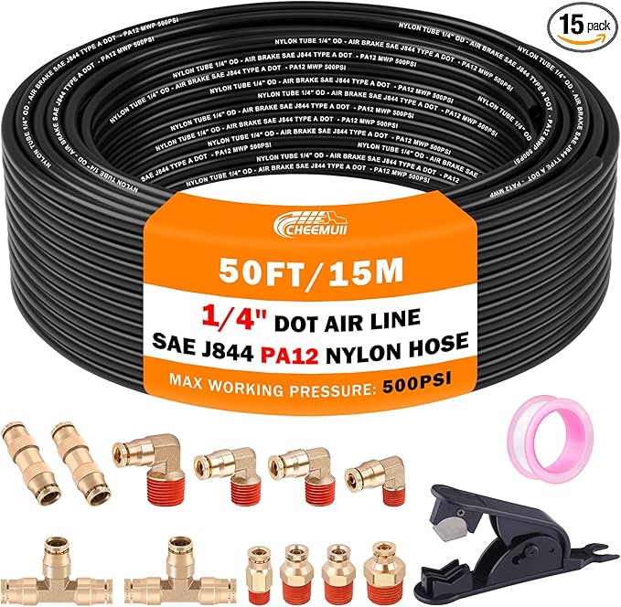 CheeMuii 12 Pcs 1/4 Brass DOT Air Fittings With 50 FT 1/4" DOT Air Line Kit 15 Meter Pneumatic Tubing with DOT Air Fittings for Semi Truck Trailer or Industrial Air System