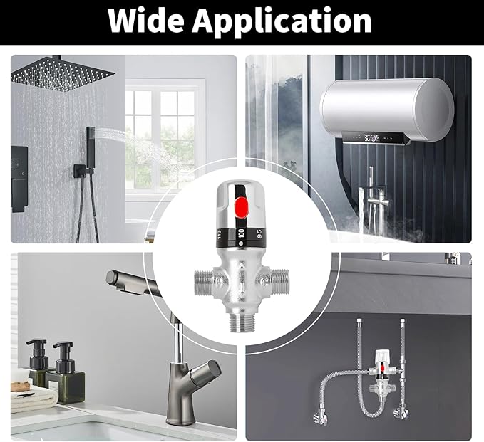 Thermostatic Mixing Valve, 1/2 NPT Threaded Water Temperature Control Valve, Galvanized Brass, for Bathroom Shower, Kitchen Faucet, Washroom, Laundry