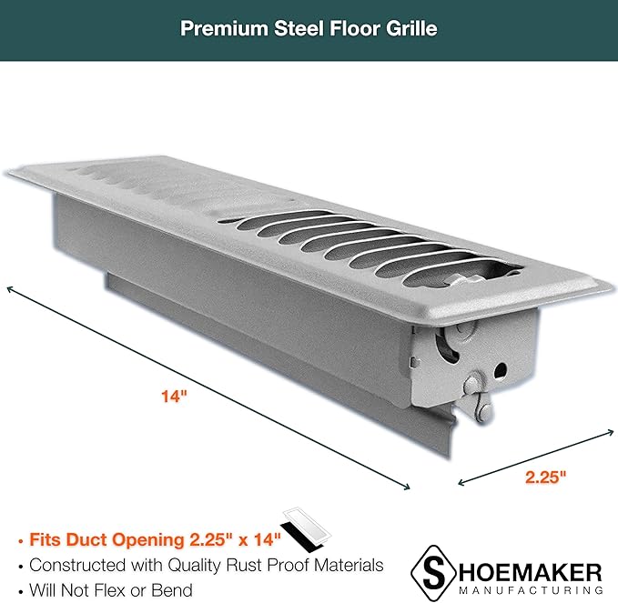 Shoemaker 2x14 Floor Register – Cement Gray Heavy Duty Metal Floor Vent Cover for Home Floors - Premium Forced Air Vent Covers
