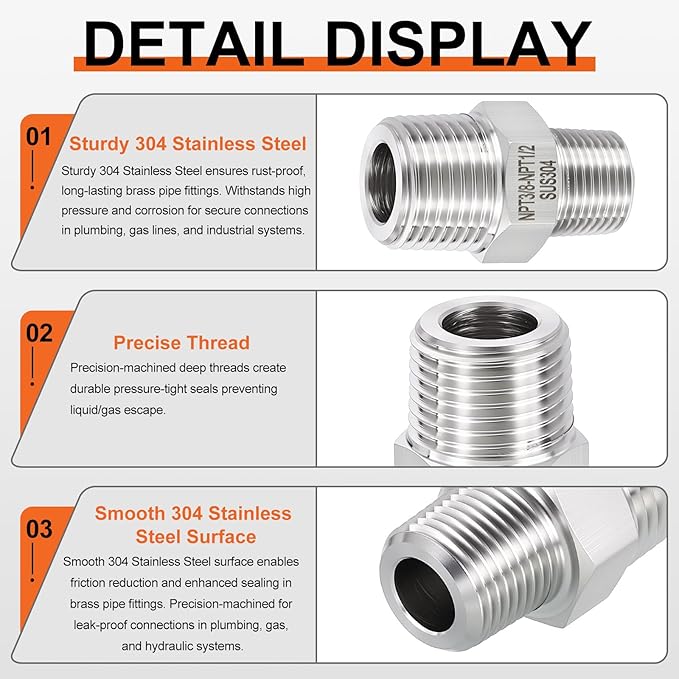 6 Pack 304 Stainless Steel Male to Male Adapter, 1/4" Male NPT x 1/4" Male NPT Hex Nipple Pipe Extension Fitting for Industrial, Automotive, Fluid Transfer, Home Gardening, Water