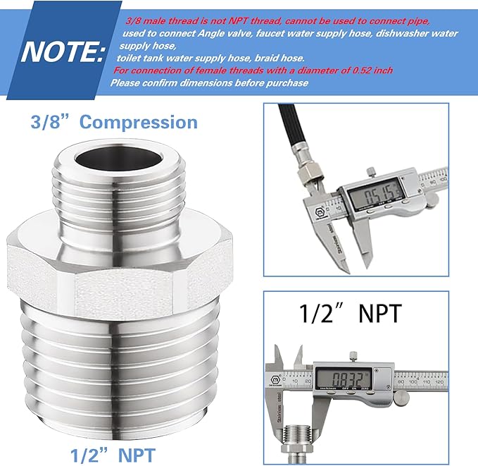 Rv Faucet Adapter,NPT 1/2" to Compression 3/8" Reducer Faucet Supply Line Adapter,Stainless Steel 304 Compression Fitting for RV Kitchen Plumbing 2 Pack