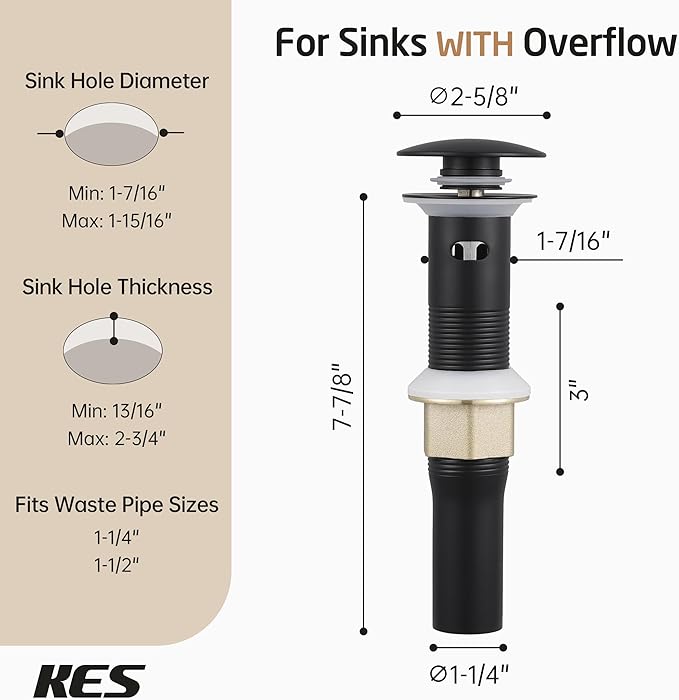 KES All Metal Bathroom Sink Drain with Overflow, 2 Pack, Lavatory Vanity Pop Up Drain with Detachable Hair Catcher, Rustproof 18/8 Stainless Steel, Matte Black, S2013A-BK-P2