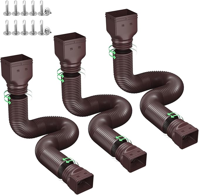 Rain Gutter Downspout Extensions, Downspout Extender for Rainwater Drainage Flexible, Down Spout Drain Extension Pipe and Extendable from 21 to 66 Inches (3 Pack, Brown)