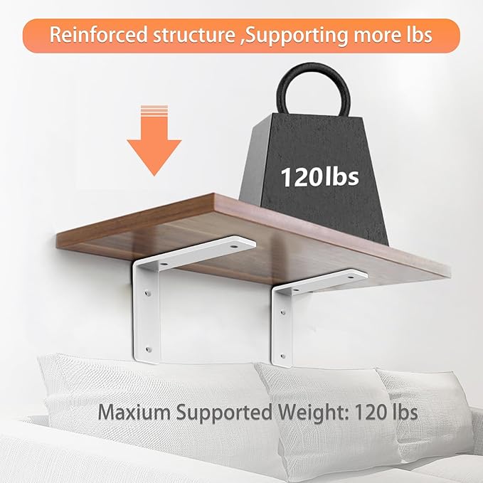 White Heavy Duty Shelf Brackets 6 Inch, Rustic Gold Iron L Shelf Bracket, Industrial Modern Metal Floating Shelf with Hardware for DIY Open Shelving, 4 Pack