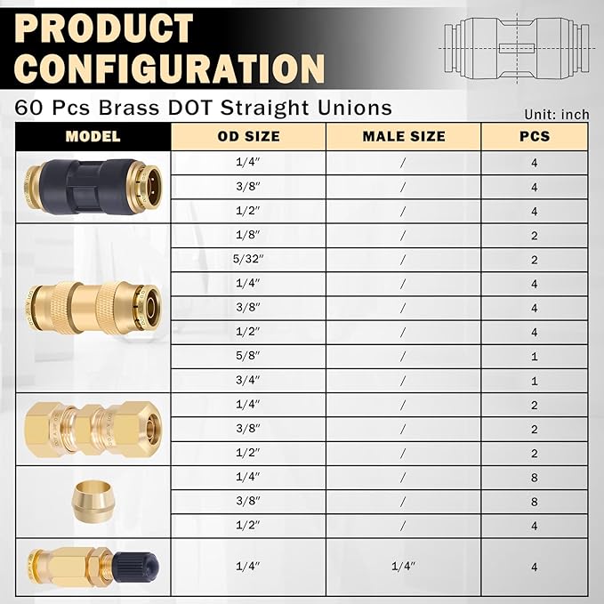 CheeMuii 60 PCS Brass DOT Air Line Fittings Kit DOT Push Lock and Compression Air Fittings Brass Quick Connect Straight Union 1/8" 5/32" 1/4" 3/8" 1/2" 5/8" 3/4" Air Hose Fittings Assortment