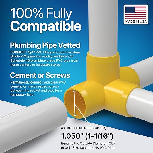 FORMUFIT 3/4” 4-Way Tee Furniture Grade PVC Fitting in Yellow, Made in USA, UV-Resistant, Impact-Proof, 1.050” Actual Socket Diameter (Pack of 8) - F0344WT-YE-8
