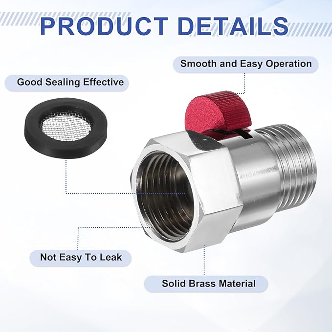 uxcell G1/2" Female x Male Shower Shut Off Valve, Brass Water Flow Control Valve for Shower Head with Hose Flow Restrictor, Red