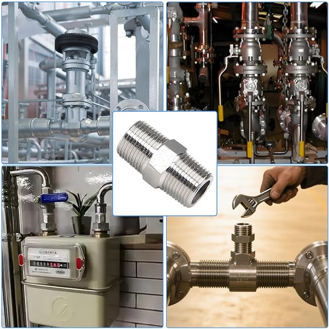 2Pcs 3/8" Male Hex Nipple Pipe Fittings, 304 Stainless Steel Threaded Adapter Fittings, 3/8 Inch Male Equal Nipples Connectors, Male Straight Threaded Pipe Fitting
