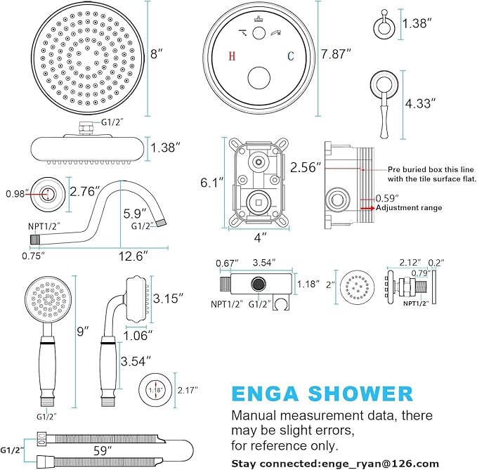 Enga Antique Shower Faucet Sets 8 inch Rainfall Head with Body Jets Handheld Spray Fixtures Combo, Brass 3 Way Diverter Rough in Valve Trim Kit, Brushed Gold