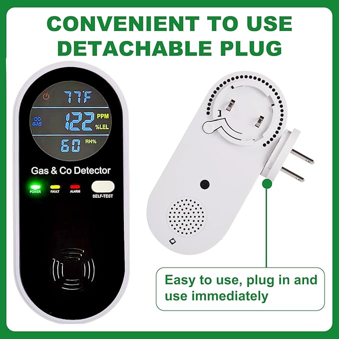 Combustible Gas & Carbon Monoxide Detector 4-in-1 Alarm with Temp/Humidity Sensor – Plug-in CO/Gas Leak Detector for Home, RV, Apartment Safety (Explosive Gas & CO Detection) 2-Pack