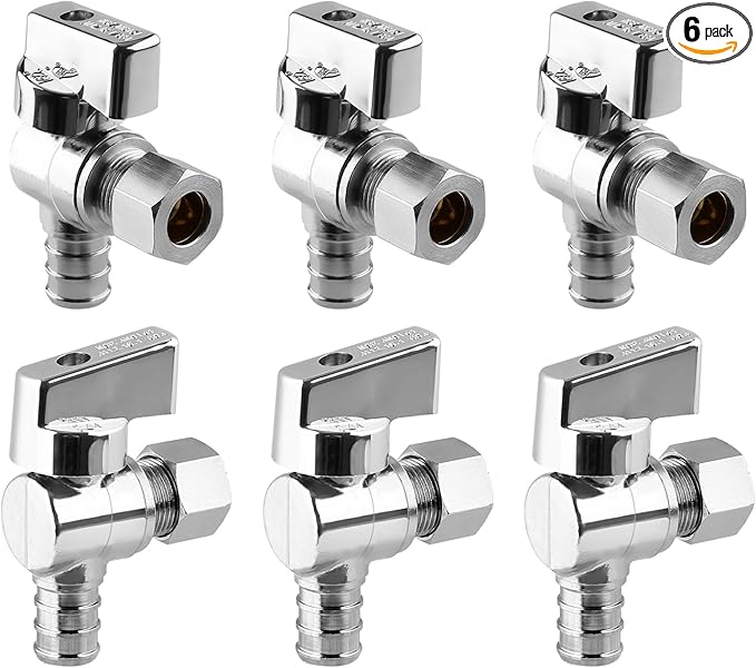 1/4 Turn Angle Stop Valve, 1/2" Crimp Pex F1807 X 3/8" OD Compression For Toilets And Faucets (Pack of 6)