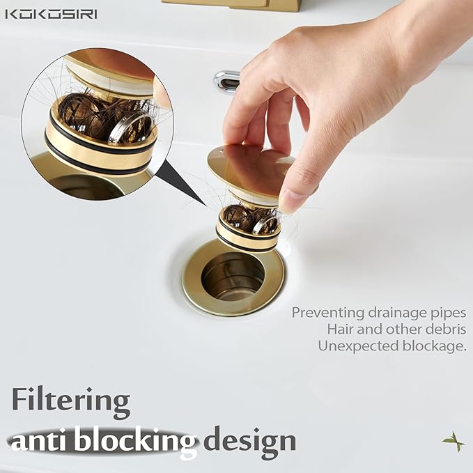 KOKOSIRI Pop Up Sink Drain with Strainer Basket, Brushed Gold Bathroom Sink Drain with Detachable Hair Catcher Anti Clogging for Vanity Vessel Sink Without Overflow, C1002BG
