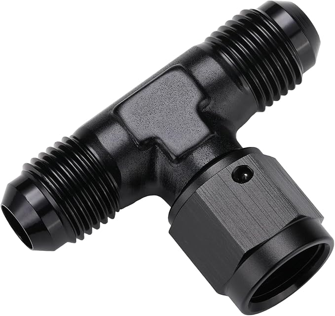 6AN Male Flare Tee T Fitting Adapter with AN6 Female Swivel On Side Aluminum Black