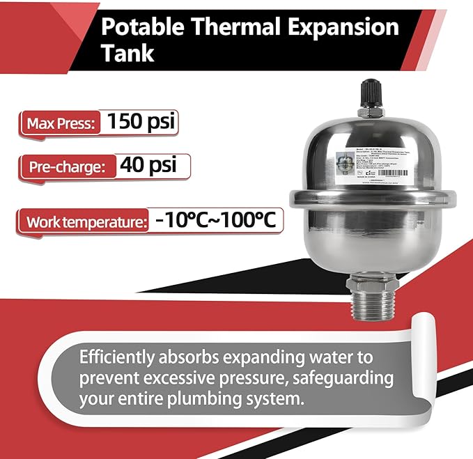 EFIELD 2-Gallon Capacity Mini Thermal Expansion Tank (0.16L), Stainless Steel Hammer Arrestor with 1/2 Inch Threaded For Tankless Water Heater, Water Dispensing/Beverage Appliances (TANK003)