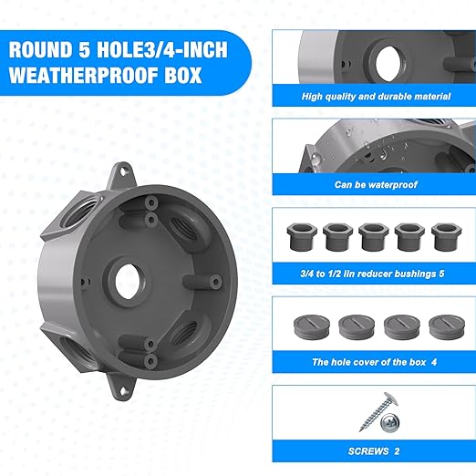 Weatherproof Round Electrical Outlet Box, 5 Hole-1/2 or 3/4 inElectrical Outlet Box for Engineered Solutions, UL Listed, Gray