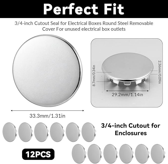 12 Pcs Knockout Seal Electrical Box, 3/4 Inch Knockout Plugs Steel Cable Connector Electrical Conduit Fittings Round Removable Seal Box Repair Kit Steel Instant Plugs for Closure Unused Outlets