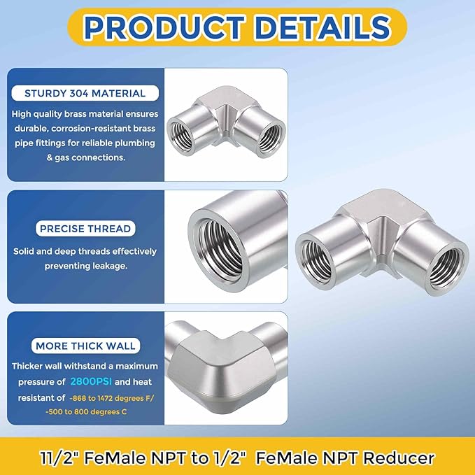 2 Pack 316 Stainless Steel Pipe Fittings, 90 Degree 1/2" FeMale NPT to 1/2" FeMale NPT Barstock Street Elbow W/Sealing Tape, Forged Pipe Fitting Connector for Air, Oil, LP