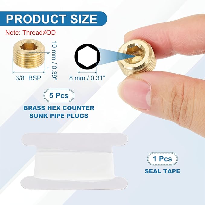 PATIKIL 3/8" BSP Male Pipe Plug Fitting, 5Pcs Brass Hex Counter Sunk Plug Brass Male Connector Socket for Closing the End of Pipe Industrial Machinery Fittings