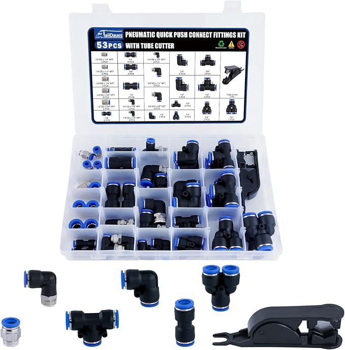 53 Pcs Quick Connect Air Hose Fittings Kit, 1/8" 1/4" 3/8" 1/2" Air Line Quick Connect Fittings with NPT Thread Push To Connect Fittings Pneumatic Fittings Kit Connectors