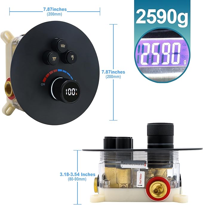 Round Digital Display Shower Valve 3 Way Shower Mixing Valve Concealed Installation Can Use All the Time Matte Black