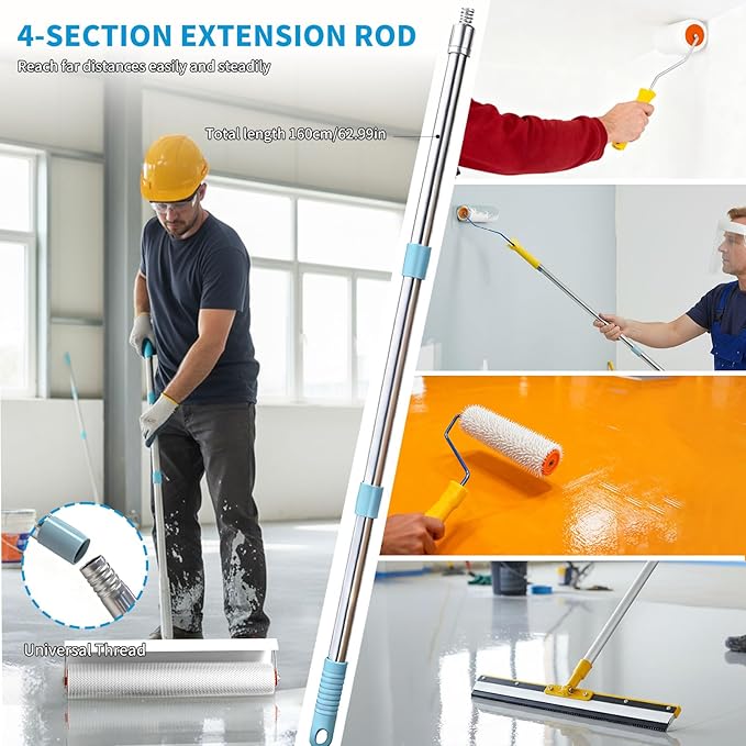 Complete Self Leveling Cement Tool Kit, Professional Epoxy Floor Kit Tools with Spiked Roller with Splash Guard, Spike Shoes, Paint Roller, Trowel, Scraper & Extension Pole