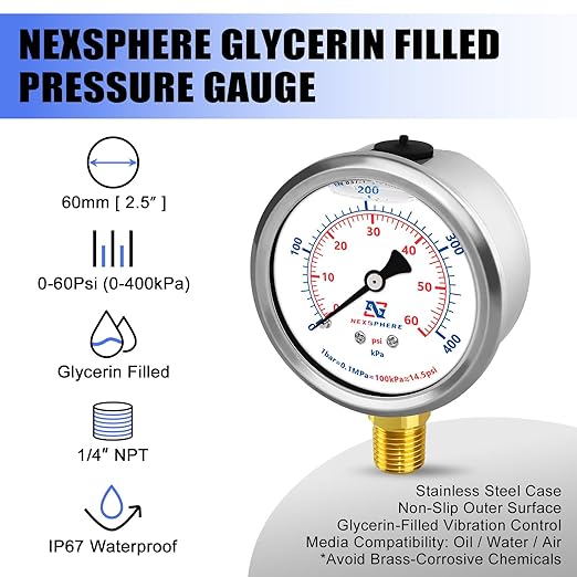 60 PSI Pool Pressure Gauge, 2.5" Dial, 1/4" NPT Lower Mount, Stainless Steel Case, Glycerin-Filled Manometer for Home Water, Air, Oil, Gas Pressure Testing