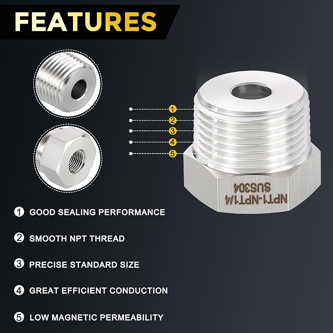 METALLIXITY 1PCS 1" Male NPT x 1/4" FeMale NPT Thread 304 Stainless Steel Hex Bushing Extension Tube Adapters Convert for Water Tub Spout/Shower