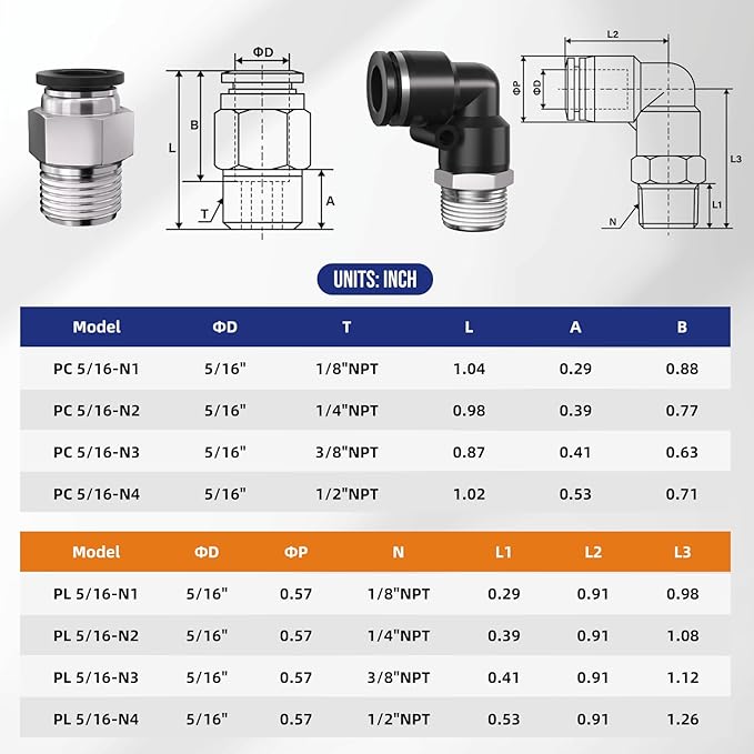 5/16" 8mm Tube OD to 3/8" NPT Thread Push to Connect Fittings,Pneumatic Quick Air Hose Fittings,Male Straight + Elbow,PC+PL(12pcs)