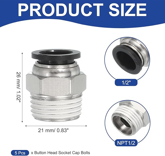 MECCANIXITY 5 Pcs NPT Push to Connect Air Fittings, Male Straight 1/2" Tube OD x 1/2" NPT Thread Air Quick Connector Coupling Adapter for Gas Hose Pneumatic Tools, Black