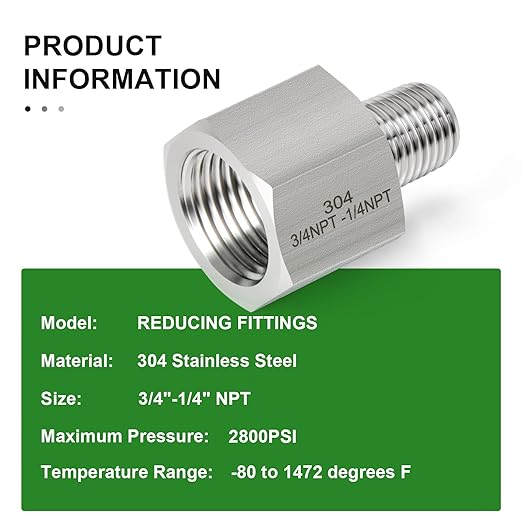 TAISHER 5PCS Forging of 304 Stainless Steel Pipe Fitting, Reducer Adapter, 1/4" NPT Male x 3/4" NPT Female, Reducing Pipe Adapter Fitting