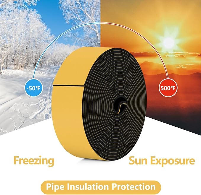 DEMEDO Pipe Insulation Tape, Pipe Wrap Insulation Foam Tape Self Adhesive, Outdoor Water Pipe Insulation Roll for HVAC, AC Line Insulation, 6 inch x 16.5 FT Heat Tape for Water Pipe, Black