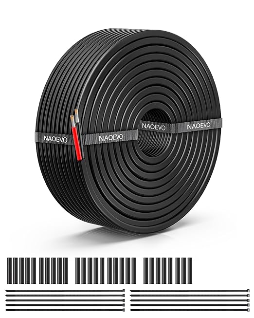 NAOEVO 10 Gauge Wire 2 Conductor Electrical Wire, 10 AWG Stranded PVC Cord, 12V Low Voltage/Tinned Copper/Flexible Cable for Automotive Wiring, Lamp Cord, Marine Cable (50FT)