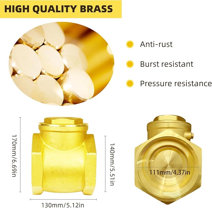 4" NPT Swing Brass Check Valve DN100, 4 Female Thread Horizontal One Way Valve to Prevent Water Backflow for Sump Pump and Air Compressor