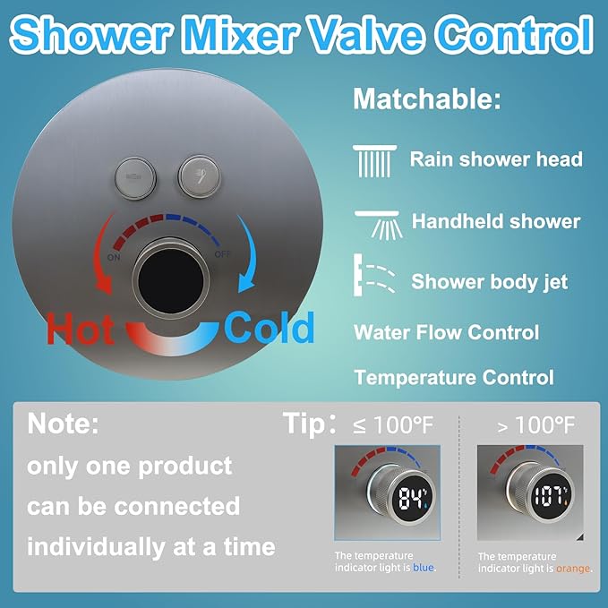 Round Digital Display Shower Valve 2 Way Shower Mixing Valve Concealed Installation Can Use All the Time Brushed Nickel