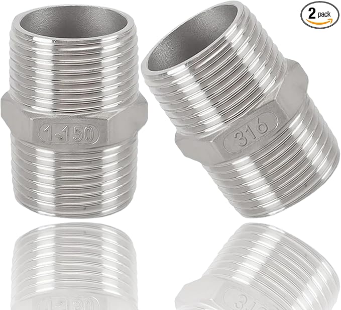 1" Male to 1" Male Hex Nipple Adapter, 316 Stainless Steel 1 Inch NPT Threaded Pipe Fitting, Heavy Duty Coupling for Plumbing Systems, Oil, Gas & Steam (2-Pack)
