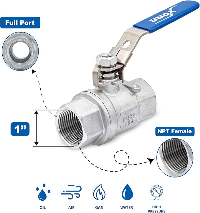 UNOX 1 inch NPT Full Port Ball Valve Two-Piece Body Design, Female Stainless Steel AISI304 Heavy Duty for Water Oil Gas Valve - 1000WOG Steam Ball Valve with Blue Locking Handles