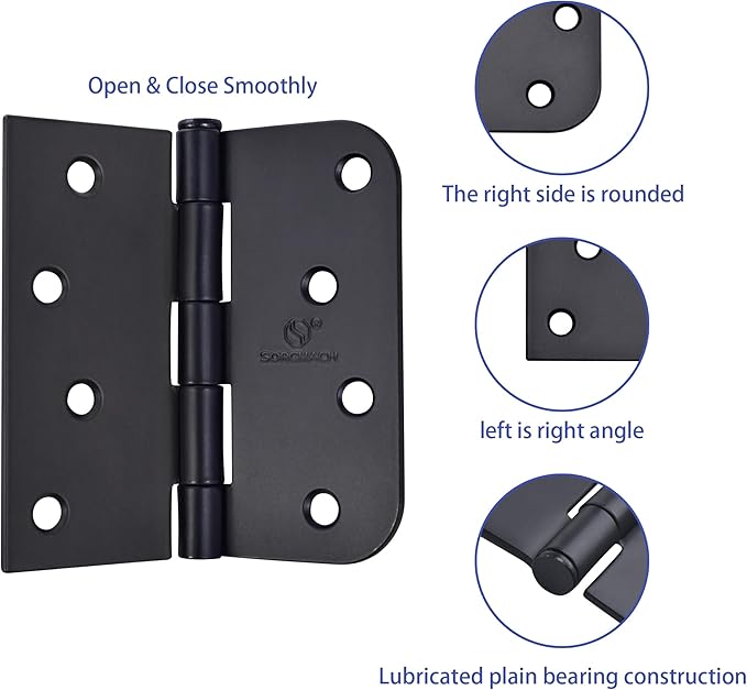 Door Hinge 4 Inch Interior Door Hinges Satin Nickel 4 Inch Interior Hinges Flat Iron Hinge 4"x 4" Door Hardware 5/8" Radius - 12 Pieces
