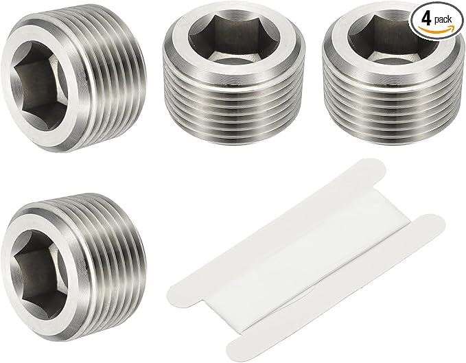 PATIKIL 3/4" NPT Male Internal Hex Pipe Fitting, 4 Pcs 304 Stainless Steel Pipe Plug Fitting Assortment Kit Countersunk Thread Head Socket Pipe Plug Fitting Adapter with Tape, Silver