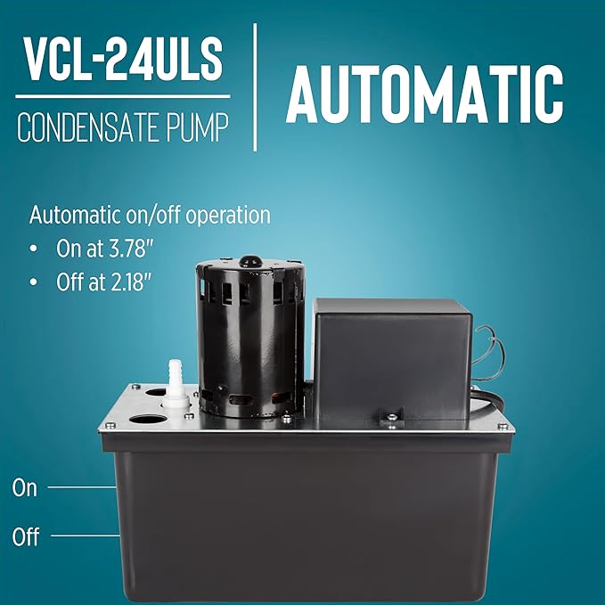 Little Giant VCL-24ULS 115 Volt, 1/18 HP, 270 GPH, Automatic Condensate Removal Pump with 1-Gallon Tank and Safety Switch, 6-Ft. Cord, Black, 553201