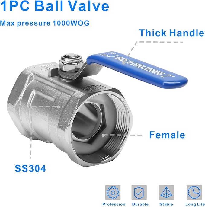 DERNORD Stainless Steel Ball Valve 1PC Type 2 Inch NPT Standard Port for Water, Oil, and Gas (2 Inch Ball Valve)
