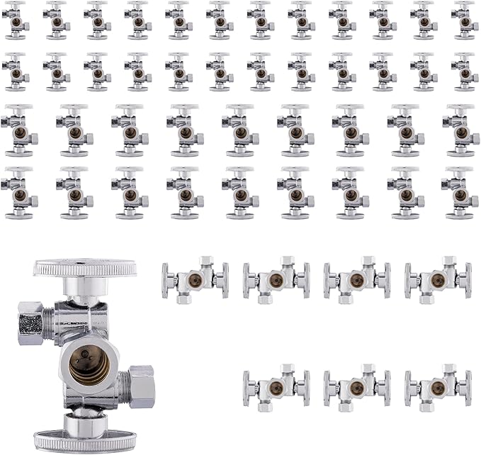50-Pack Foskan Dual Compression 1/4 Turn Angle Stop Valve with 2 Shut Off Valve/Handles,1/2" NOM (5/8" OD) x 3/8" OD x 3/8" OD,Chrome Plated Brass