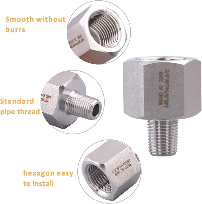 Forged Reducer Adapter Fitting - Stainless Steel 304 Reducing Pipe Connector, 3/8" NPT Female x 1/8" NPT Male (pack of 5)
