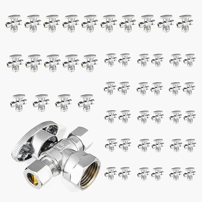 50-Pack GUOFIS Angle Stop Valve with Dual Compression Outlet,1/2" Fip Iron Pipe Inlet x (3/8" x 3/8") Outlet Shut-off Valves(1/4 Turn,Chrome)(VALVE369-50Pack)