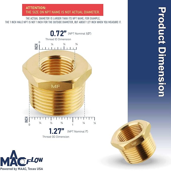 MAACFLOW brass 1" Male NPT to 1/2" Female NPT Adapter Reducer Hex Bushing (Thread OD1.27" - ID 0.72") (pack of 2)