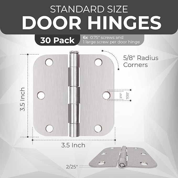 30 Pack Rounded Satin Nickel Door Hinges Matte 3.5 Inch 5/8" Radius Interior 3 1/2 Inch Flat Iron Bifold Residential Standard Bedroom Interior Exterior and Closet Doors 3 ½ x 3 ½" Heavy Duty Hardware