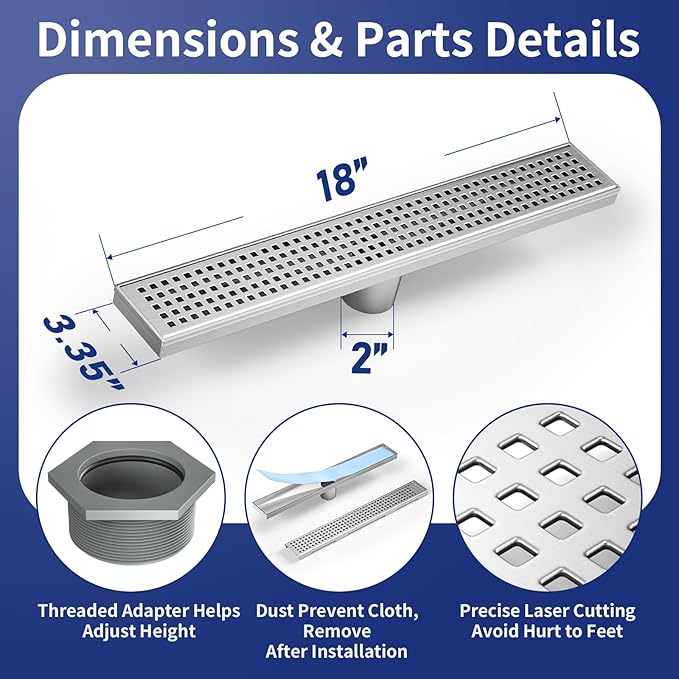 Linear Shower Drain 18", 304 Stainless Steel Floor Drain with Grid Drain Cover & Hair Strainer, Rectangular Shower Drain w/CUPC Certified, Brushed