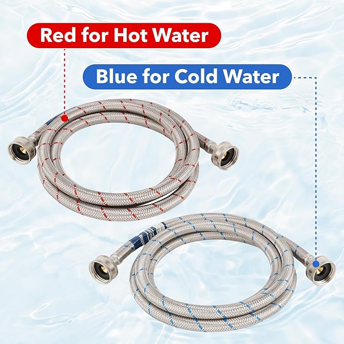10 FT Stainless Steel Washing Machine Hoses with Water Harmmer,2 Pack Red and Blue Washer Hoses,Burst Proof Hot & Cold Water Connection Inlet Washer Supply Lines